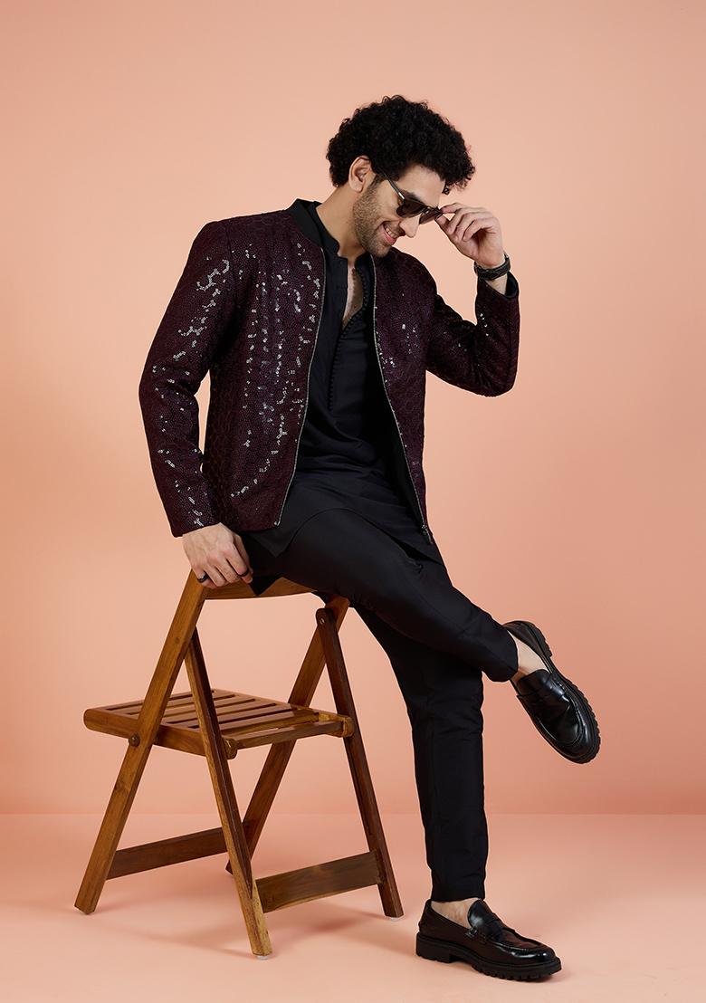 Wine Embellished Rayon Bandhgala Jacket Set For Men