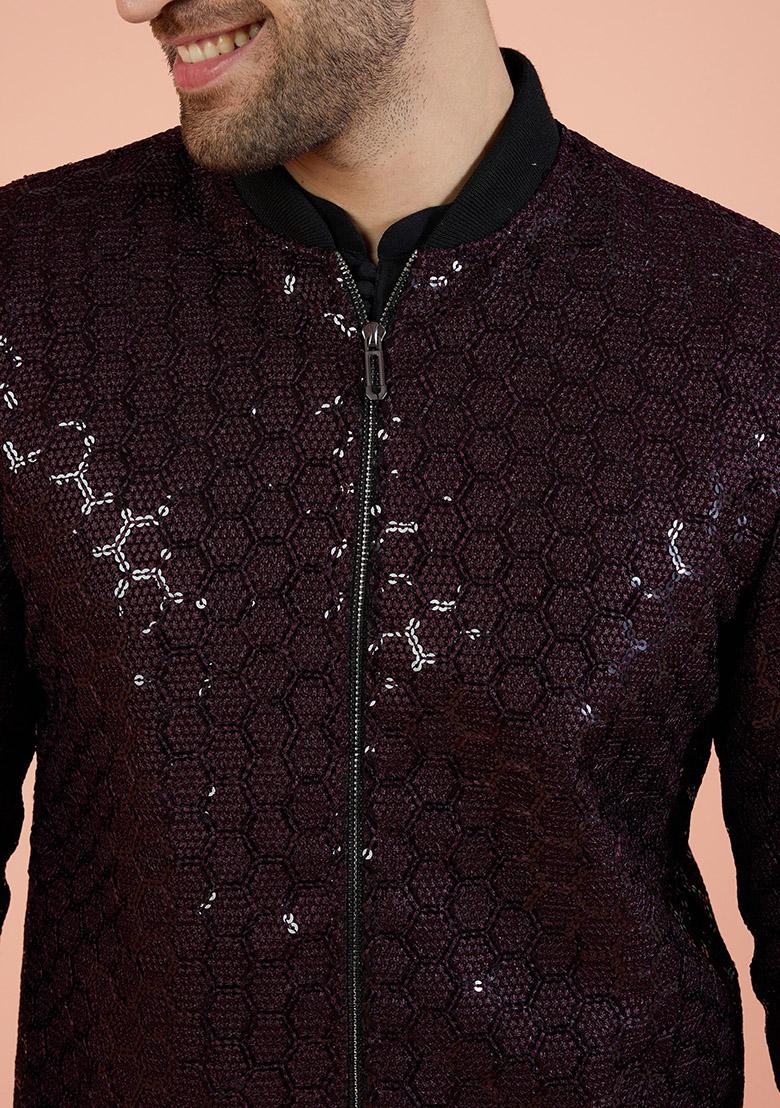 Wine Embellished Rayon Bandhgala Jacket Set For Men