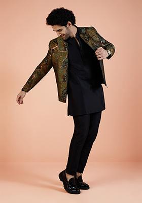 Green Abstract Print Silk Bandhgala Jacket Set For Men