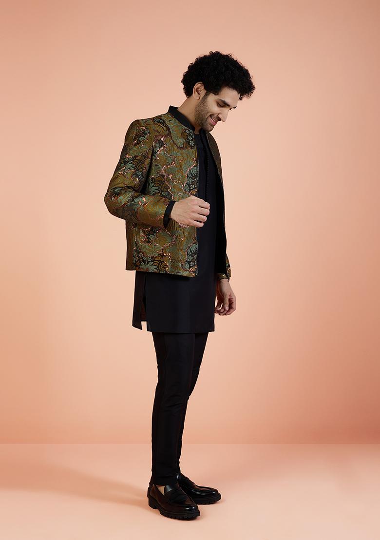 Green Abstract Print Silk Bandhgala Jacket Set For Men