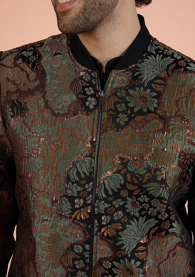 Green Abstract Print Silk Bandhgala Jacket Set For Men