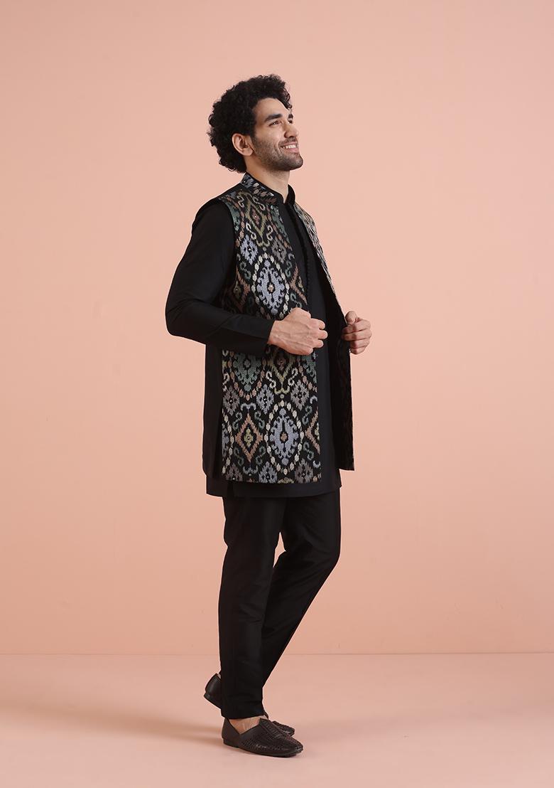 Black Embroidered Cotton Nehru Jacket Set For Men