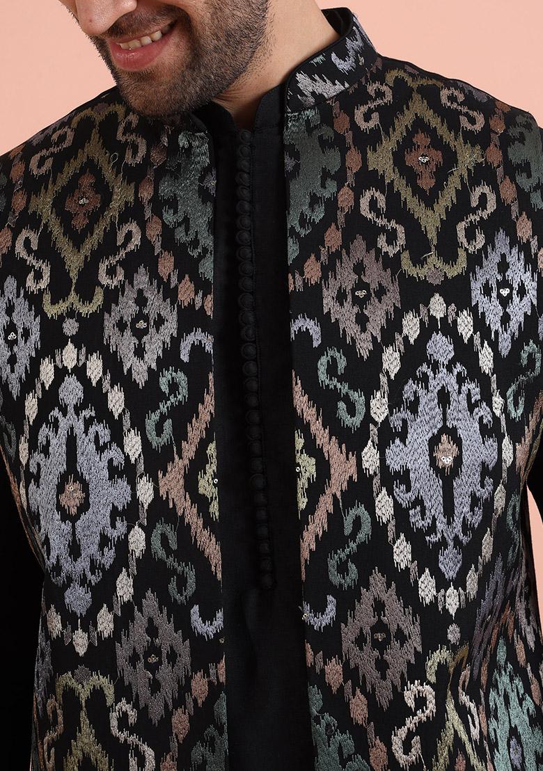 Black Embroidered Cotton Nehru Jacket Set For Men