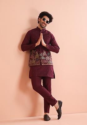 Wine Embroidered Cotton Nehru Jacket Set For Men