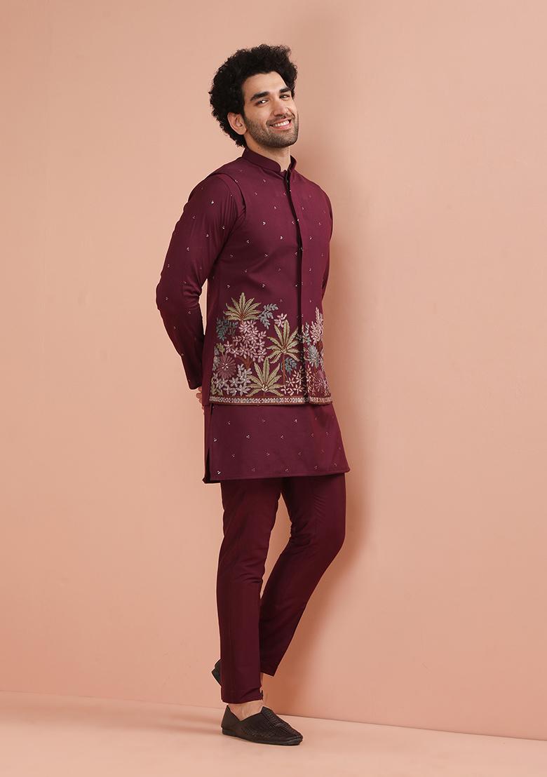 Wine Embroidered Cotton Nehru Jacket Set For Men