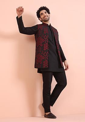 Black Embroidered Silk Nehru Jacket Set For Men