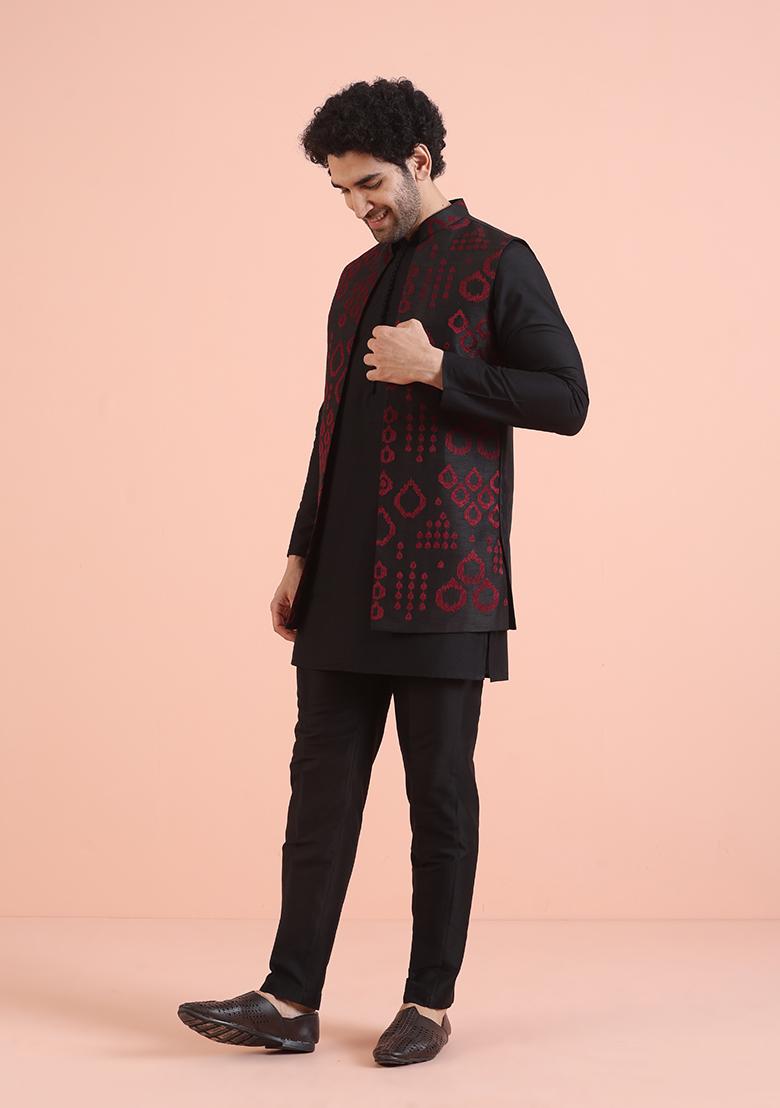 Black Embroidered Silk Nehru Jacket Set For Men