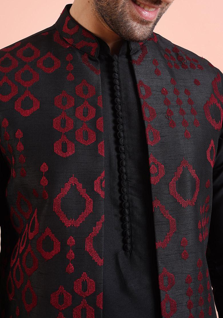 Black Embroidered Silk Nehru Jacket Set For Men