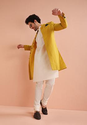 Yellow Solid Cotton Indo Western Sherwani Set For Men