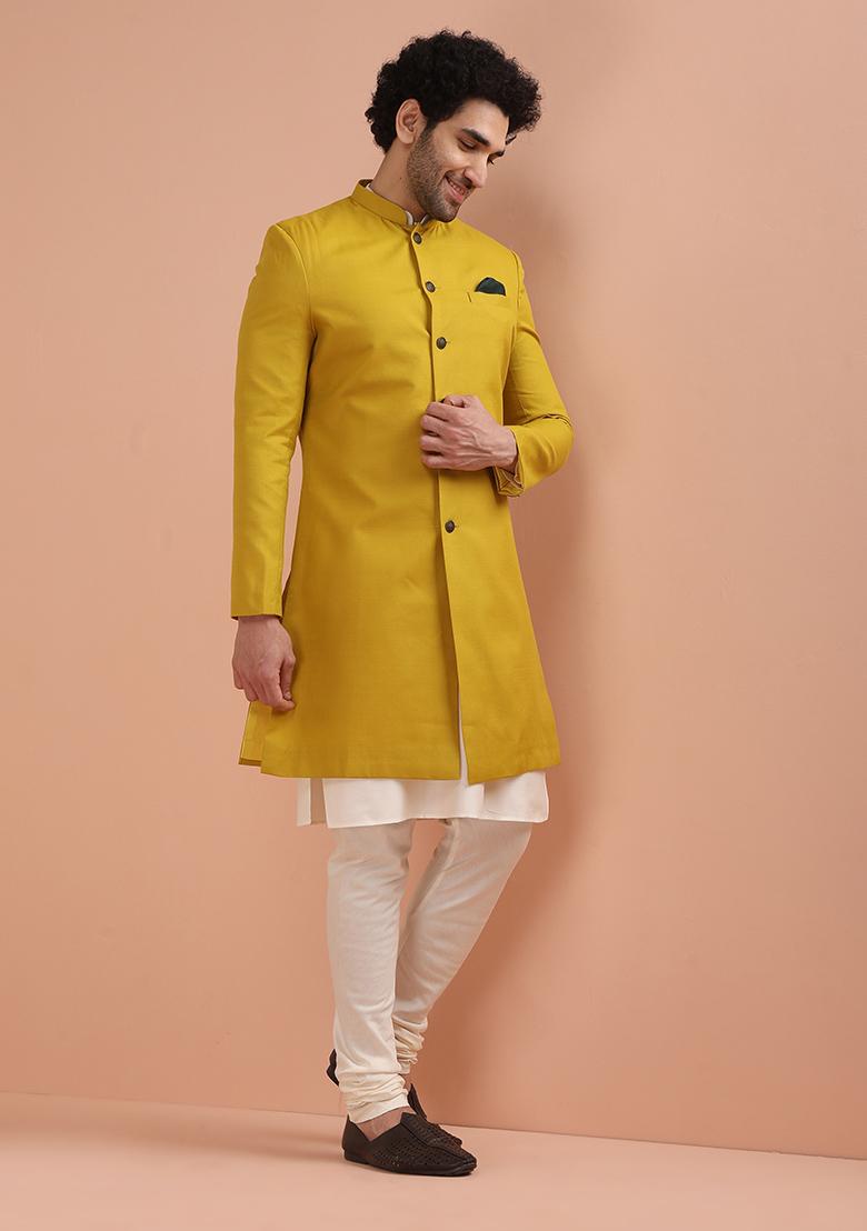 Yellow Solid Cotton Indo Western Sherwani Set For Men