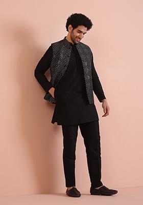 Black Embroidered Silk Nehru Jacket Set For Men