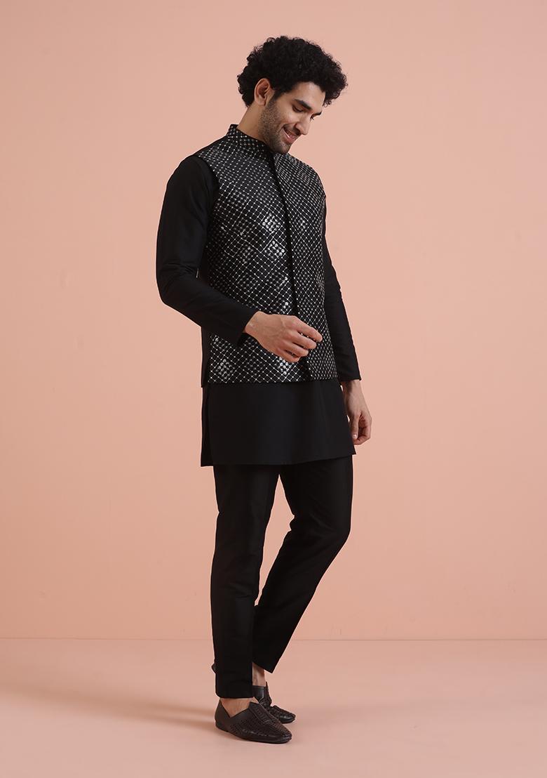 Black Embroidered Silk Nehru Jacket Set For Men