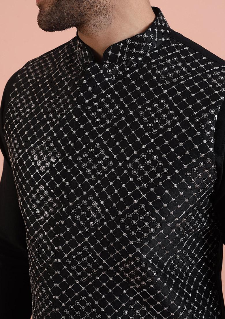 Black Embroidered Silk Nehru Jacket Set For Men