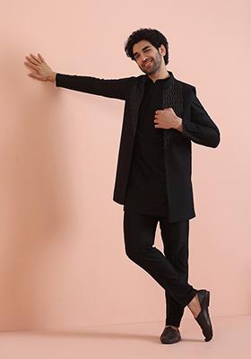 Black Embellished Cotton Nehru Jacket Set For Men