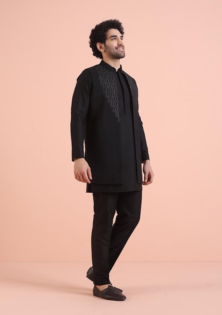 Black Embellished Cotton Nehru Jacket Set For Men