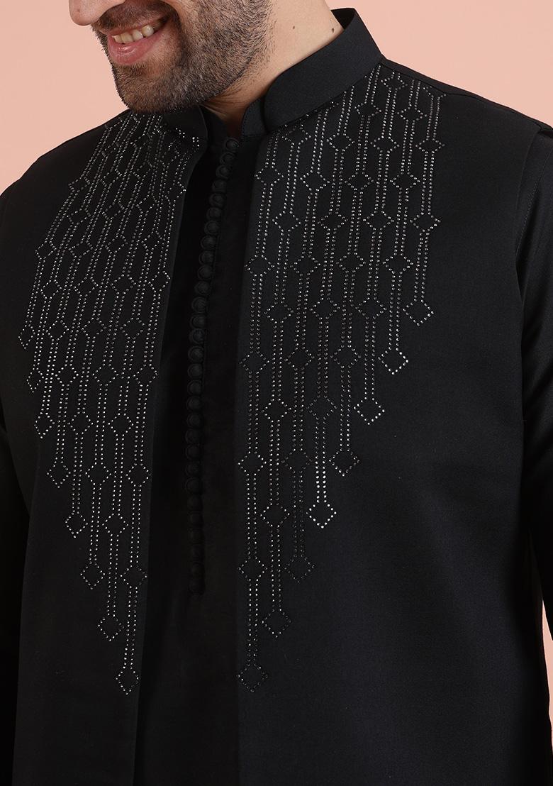Black Embellished Cotton Nehru Jacket Set For Men