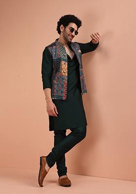 Multi Colour Printed Silk Nehru Jacket Set For Men