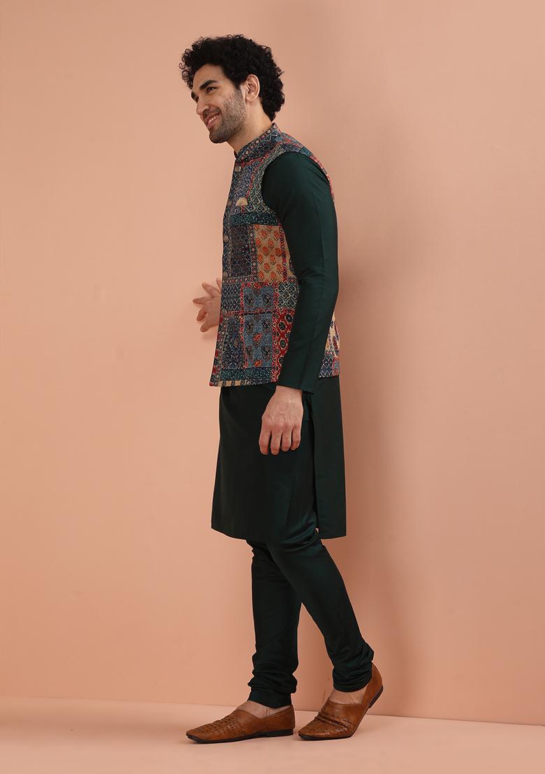 Multi Colour Printed Silk Nehru Jacket Set For Men