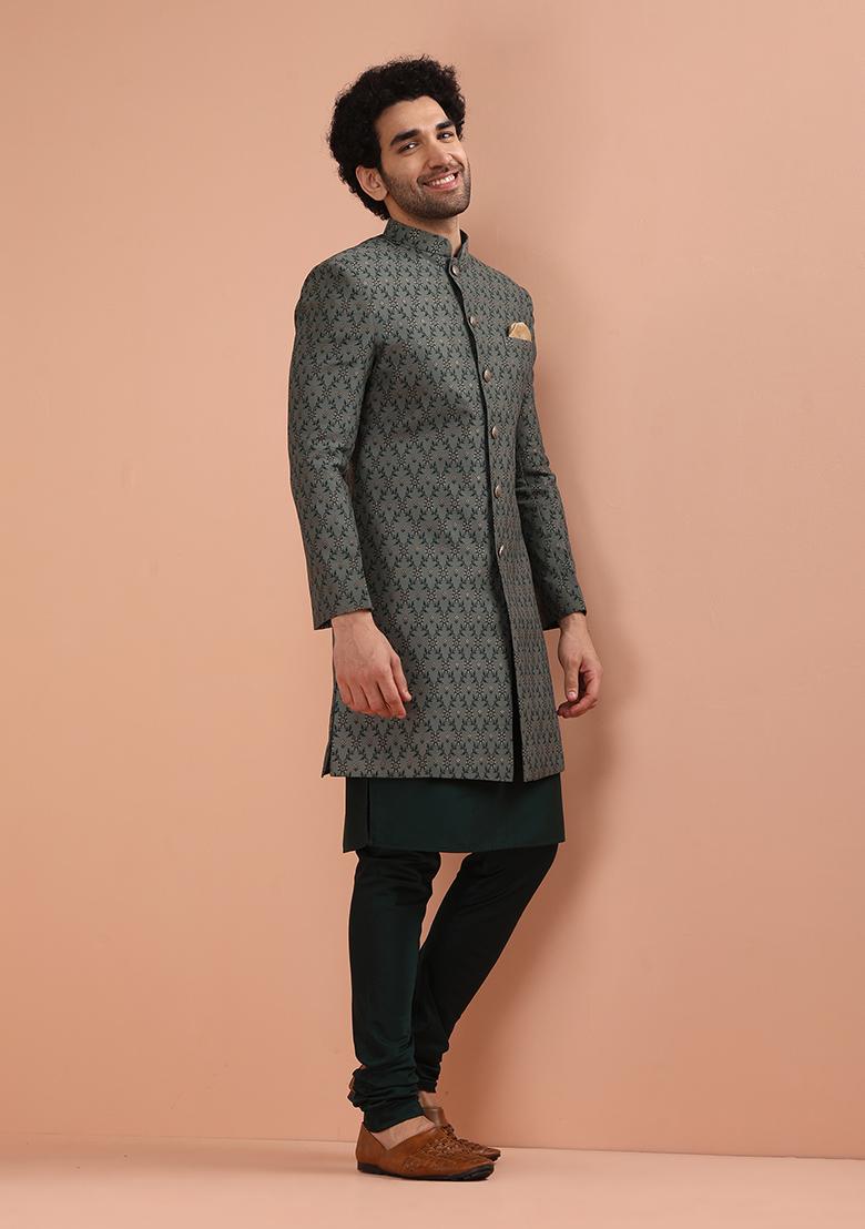 Grey Embroidered Silk Indo Western Sherwani Set For Men