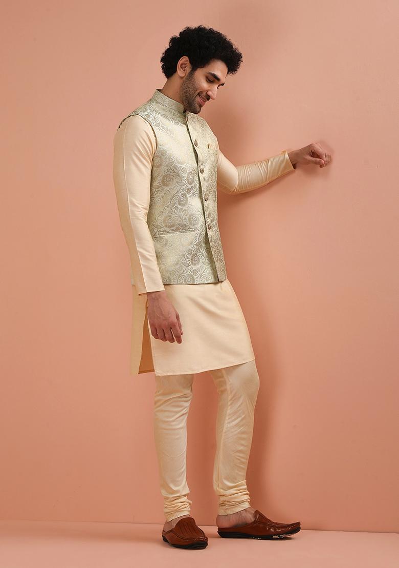Cream Embroidered Silk Nehru Jacket Set For Men