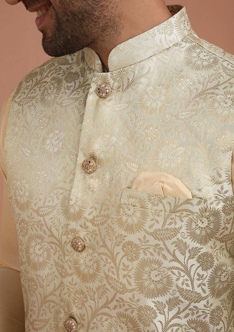 Cream Embroidered Silk Nehru Jacket Set For Men