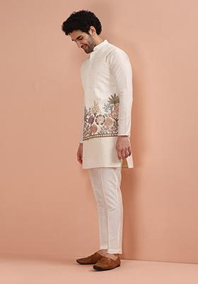 Off White Embroidered Cotton Nehru Jacket Set For Men