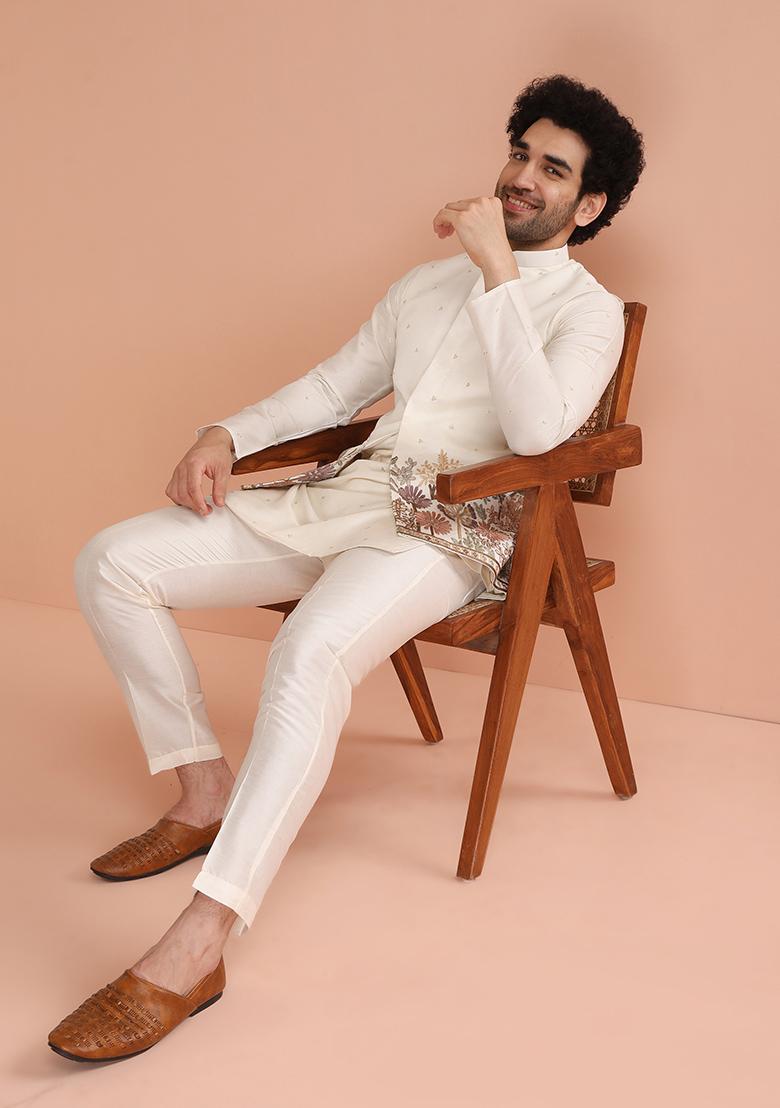 Off White Embroidered Cotton Nehru Jacket Set For Men