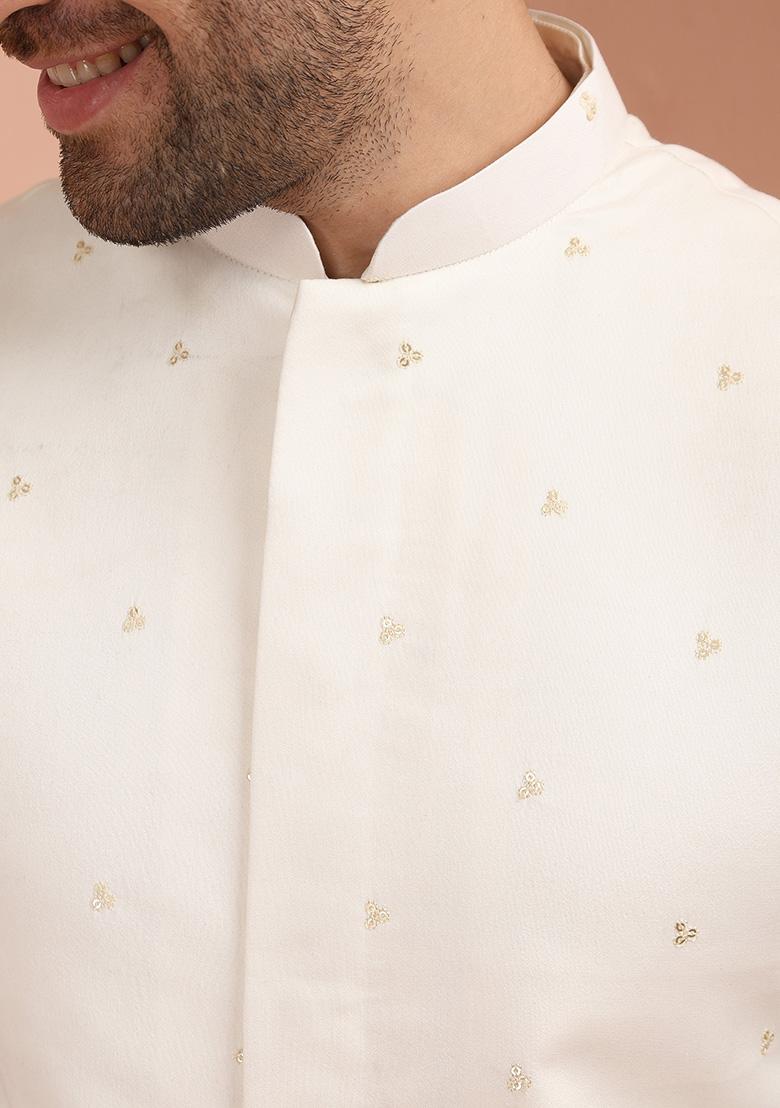 Off White Embroidered Cotton Nehru Jacket Set For Men