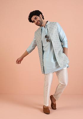 Blue Embroidered Silk Nehru Jacket Set For Men