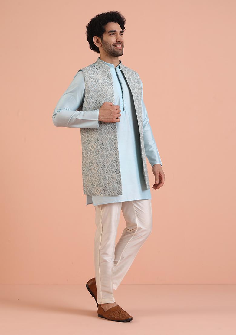Blue Embroidered Silk Nehru Jacket Set For Men
