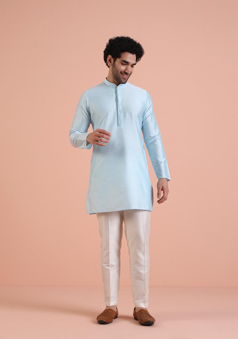 Blue Embroidered Silk Nehru Jacket Set For Men