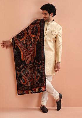 Cream Embroidered Silk Indo Western Sherwani Set For Men