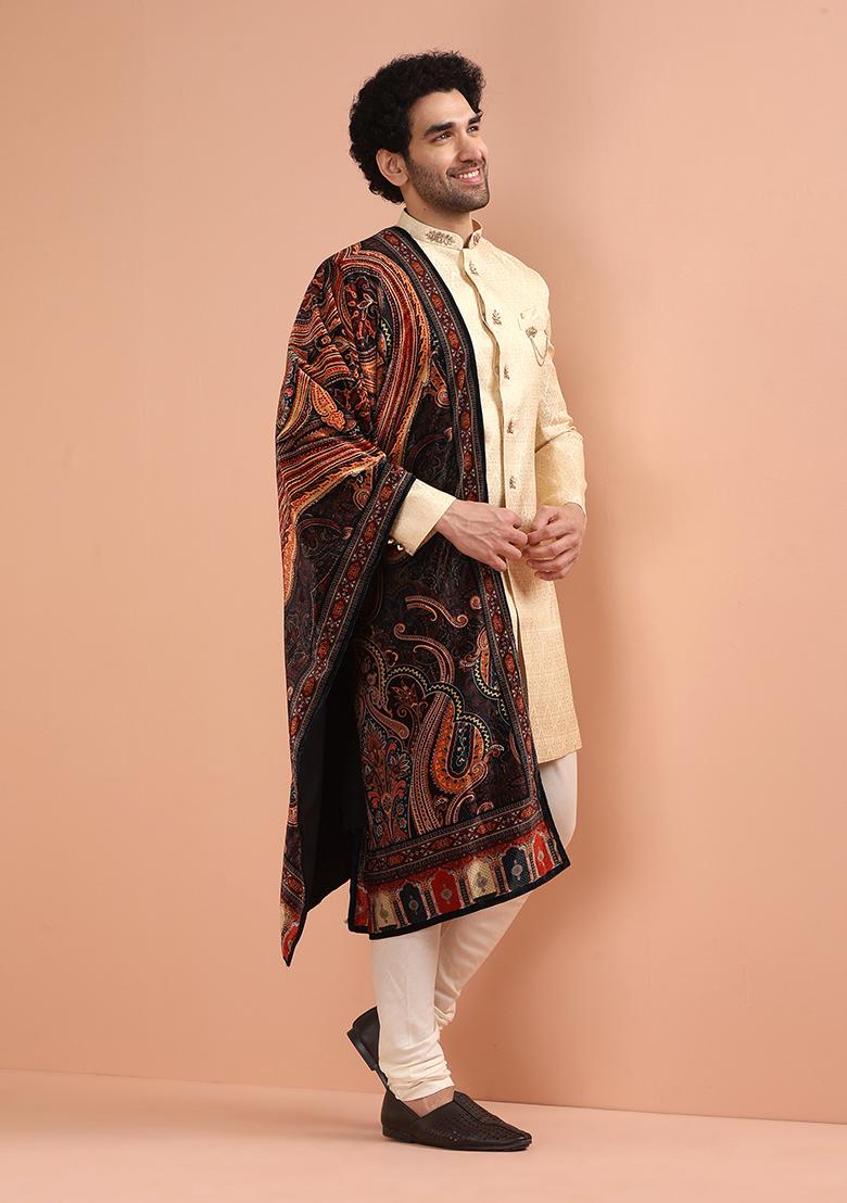 Cream Embroidered Silk Indo Western Sherwani Set For Men