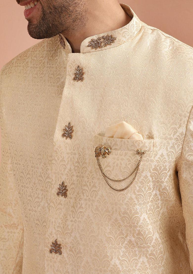 Cream Embroidered Silk Indo Western Sherwani Set For Men