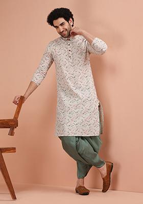Multi Colour Printed Cotton Kurta Set For Men