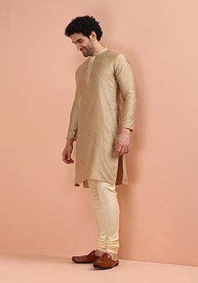 Beige Woven Design Silk Kurta Set For Men