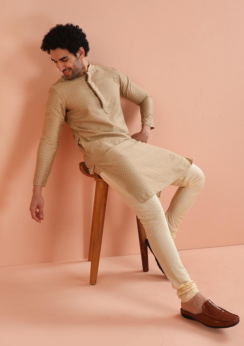 Beige Woven Design Silk Kurta Set For Men