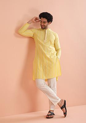 Yellow Printed Cotton Kurta Set For Men