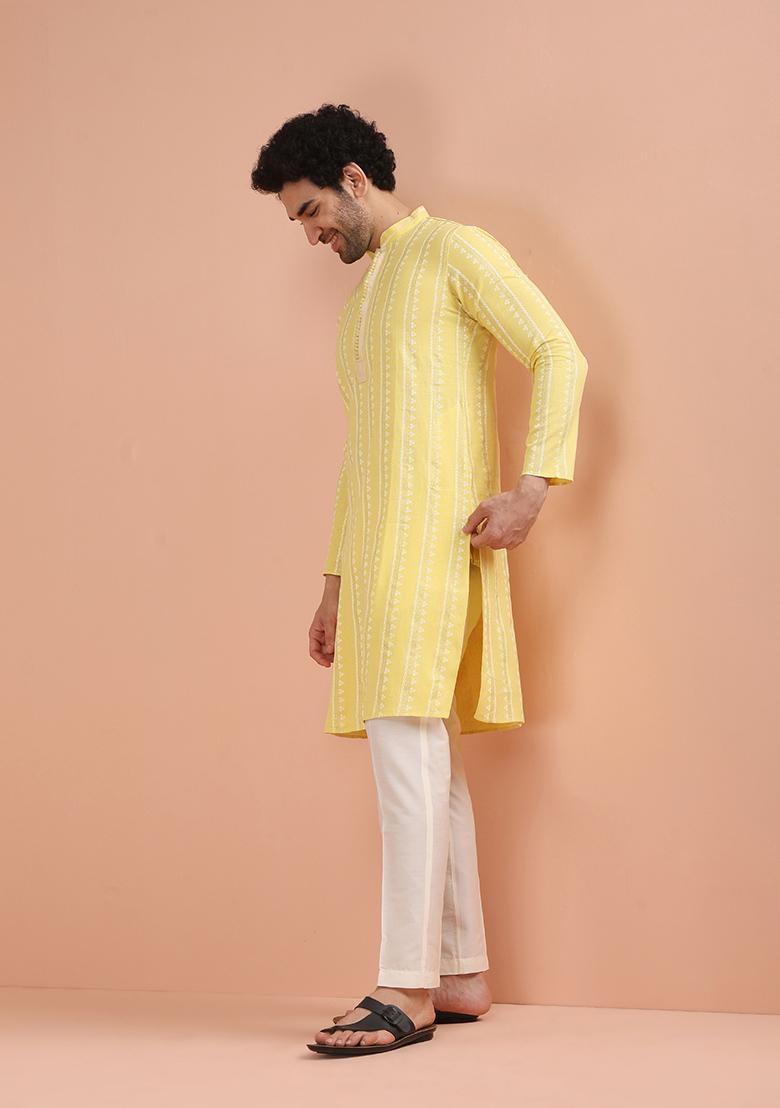 Yellow Printed Cotton Kurta Set For Men