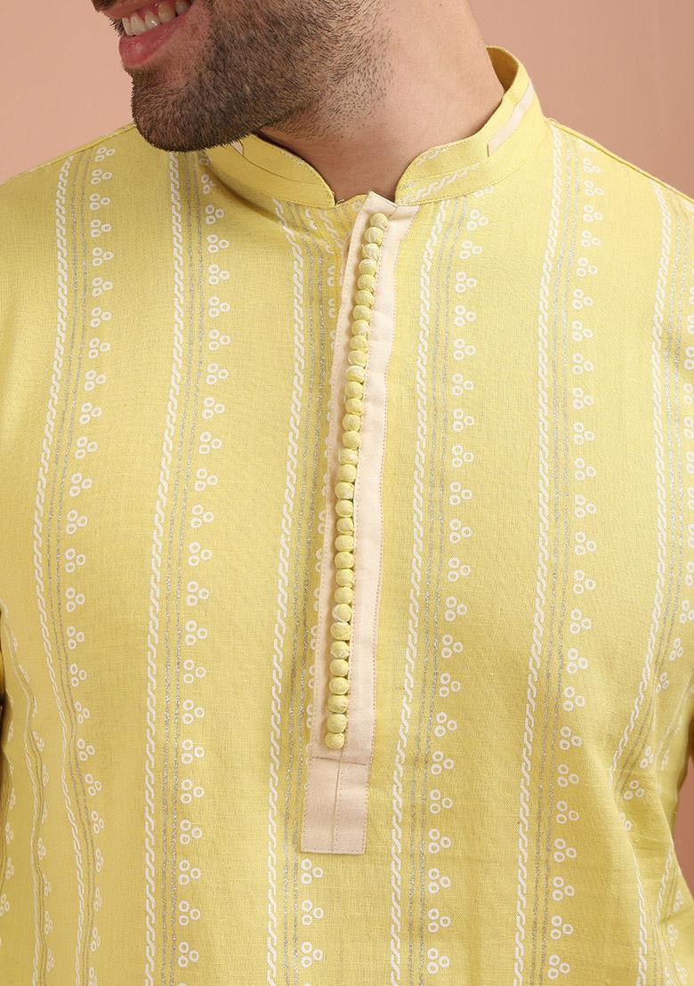 Yellow Printed Cotton Kurta Set For Men