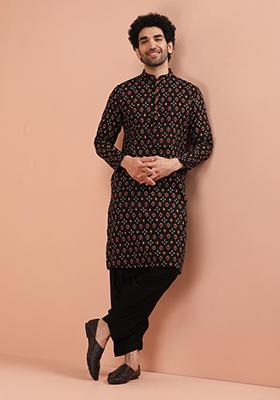 Black Printed Cotton Kurta Set For Men