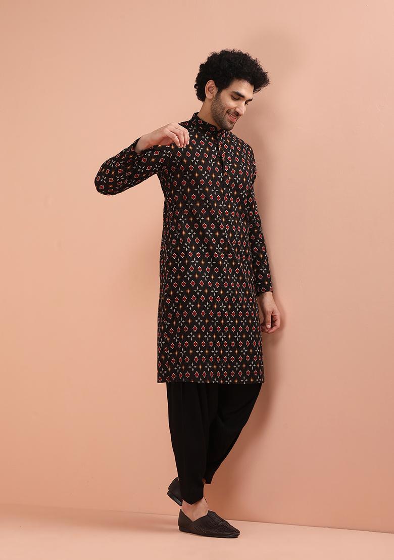Black Printed Cotton Kurta Set For Men