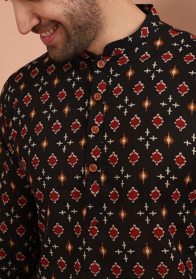 Black Printed Cotton Kurta Set For Men