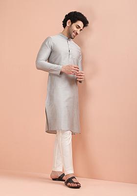 Grey Solid Cotton Kurta Set For Men