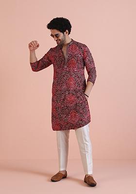 Magenta Printed Cotton Kurta Set For Men
