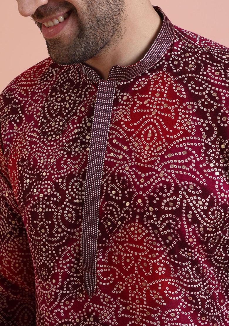 Magenta Printed Cotton Kurta Set For Men