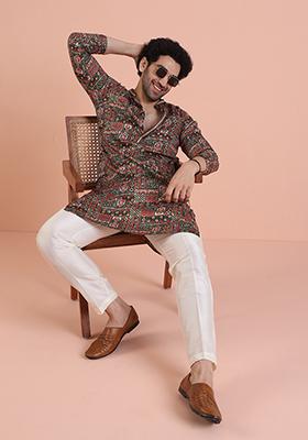 Green Printed Cotton Kurta Set For Men