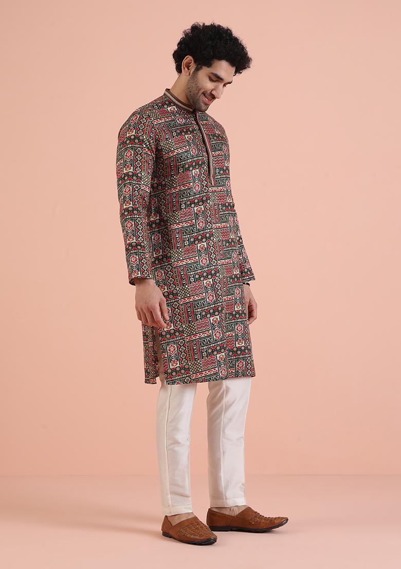 Green Printed Cotton Kurta Set For Men