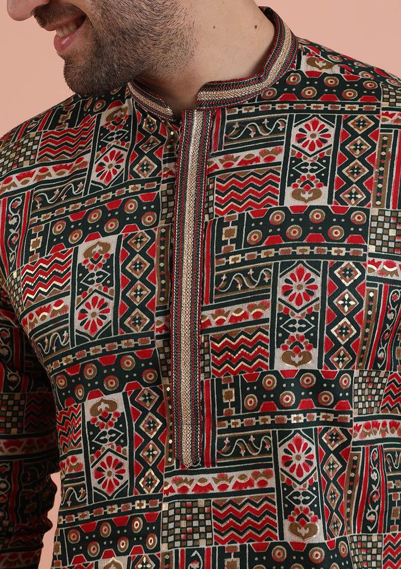 Green Printed Cotton Kurta Set For Men