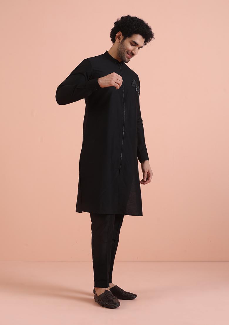 Black Solid Cotton Kurta Set For Men